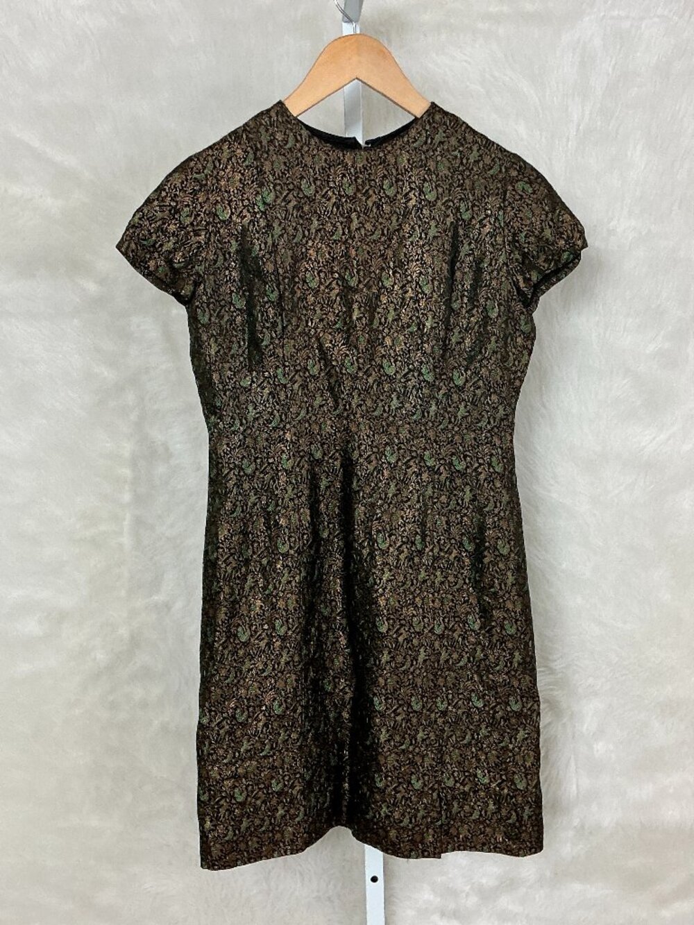 Vintage 60s Black Green Gold Metallic Short Sleeve Animal Jacquard Mini Dress XS